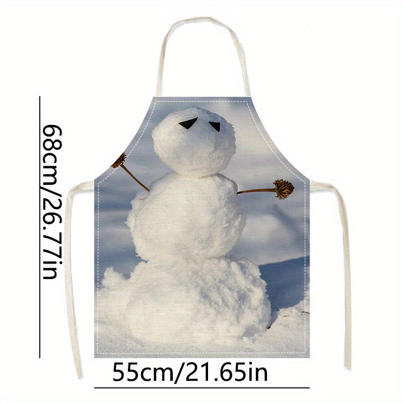 Two festive Christmas kitchen aprons featuring a charming snowman design. Made from 100% polyester, these aprons are adjustable and stain-resistant, perfect for both cooking and cleaning at home and for parties.