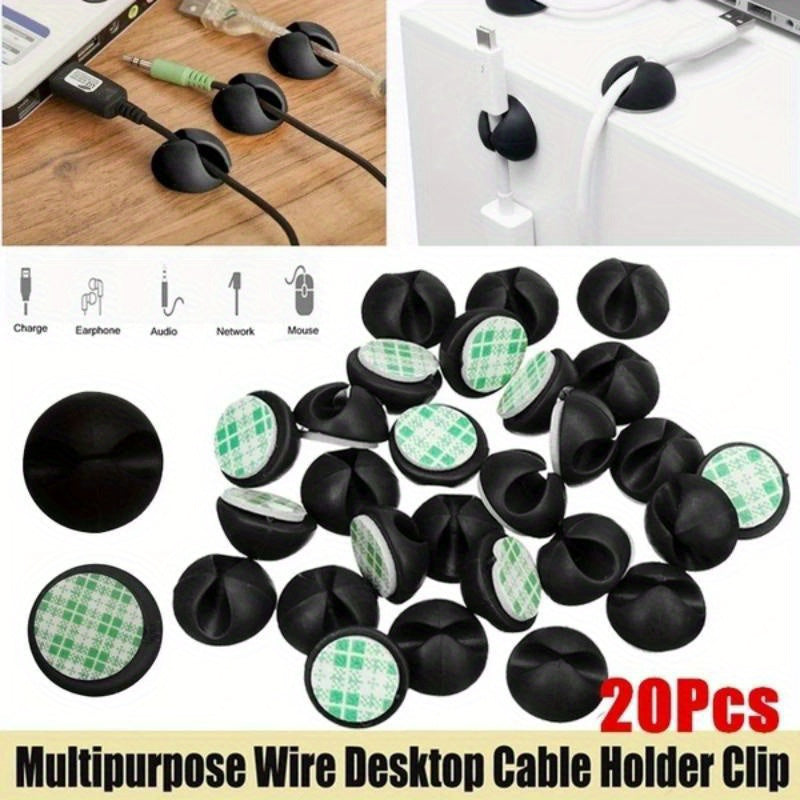 20 silicone cable clips for organizing wires in various places, featuring a compact, durable design with easy stick-on application.