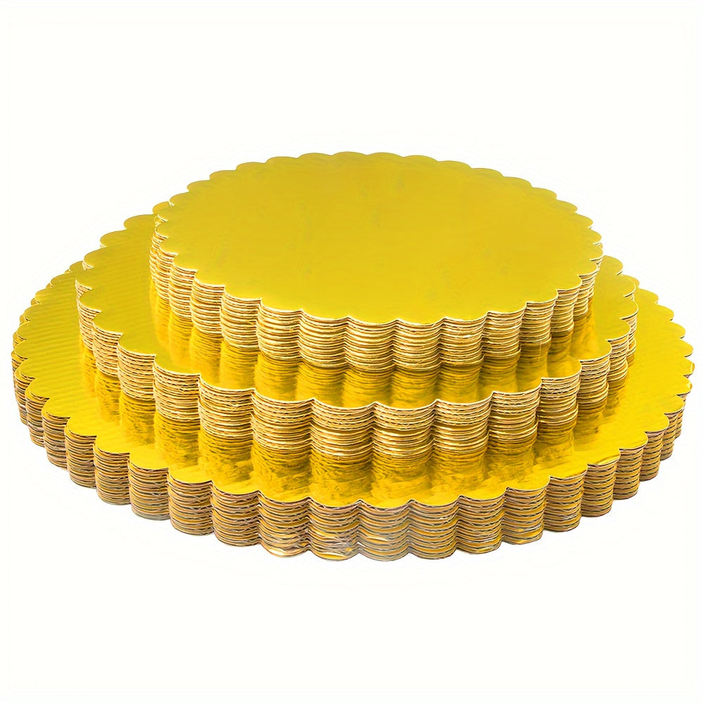 Golden Round Cake Boards, 10 Pieces - Durable Corrugated Cardboard with Scalloped Edge, Resistant to Grease & Moisture - Ideal for Baking Desserts, Pastries, Pizza, and Cakes