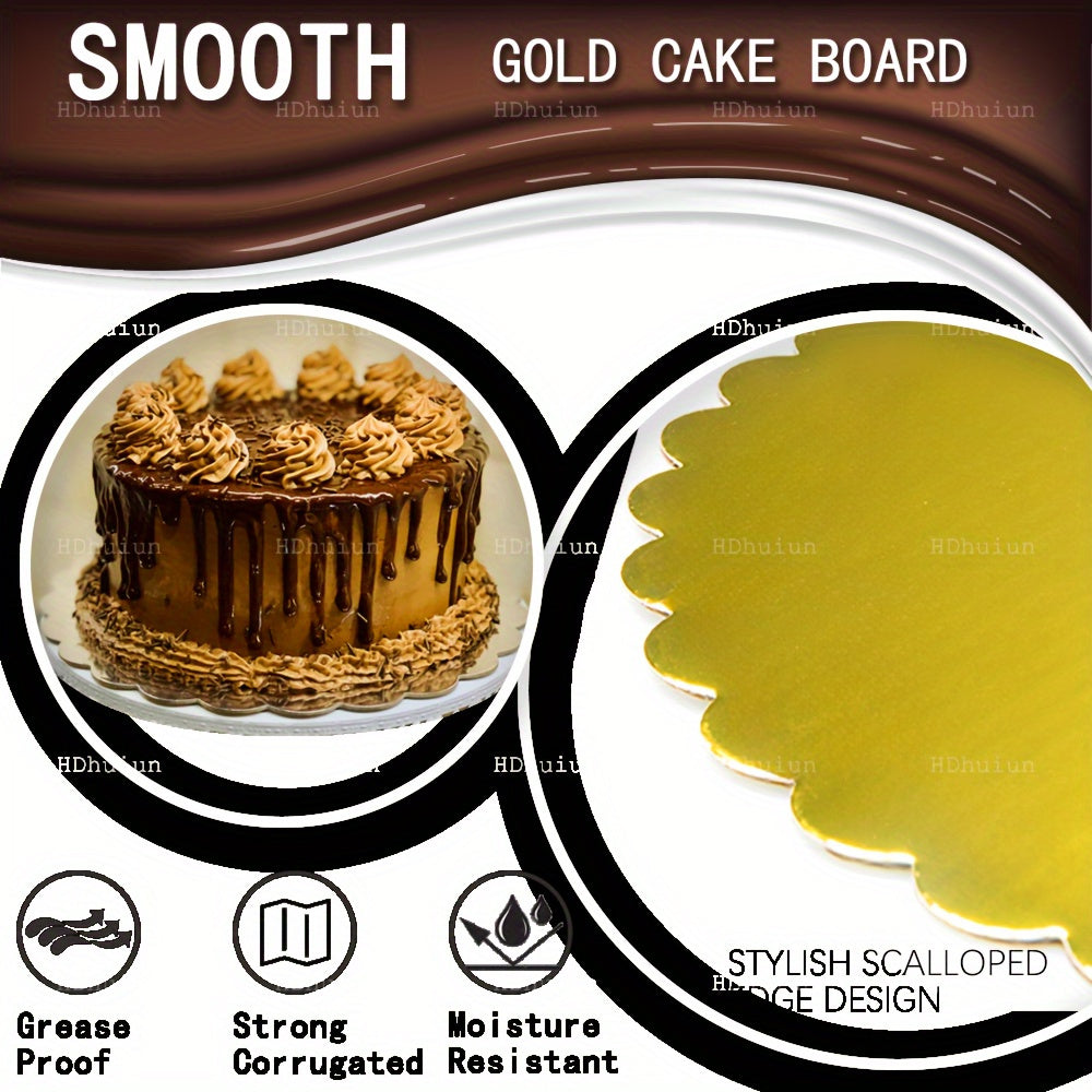 Golden Round Cake Boards, 10 Pieces - Durable Corrugated Cardboard with Scalloped Edge, Resistant to Grease & Moisture - Ideal for Baking Desserts, Pastries, Pizza, and Cakes