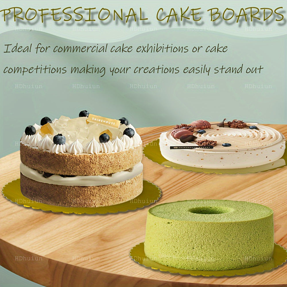 Golden Round Cake Boards, 10 Pieces - Durable Corrugated Cardboard with Scalloped Edge, Resistant to Grease & Moisture - Ideal for Baking Desserts, Pastries, Pizza, and Cakes