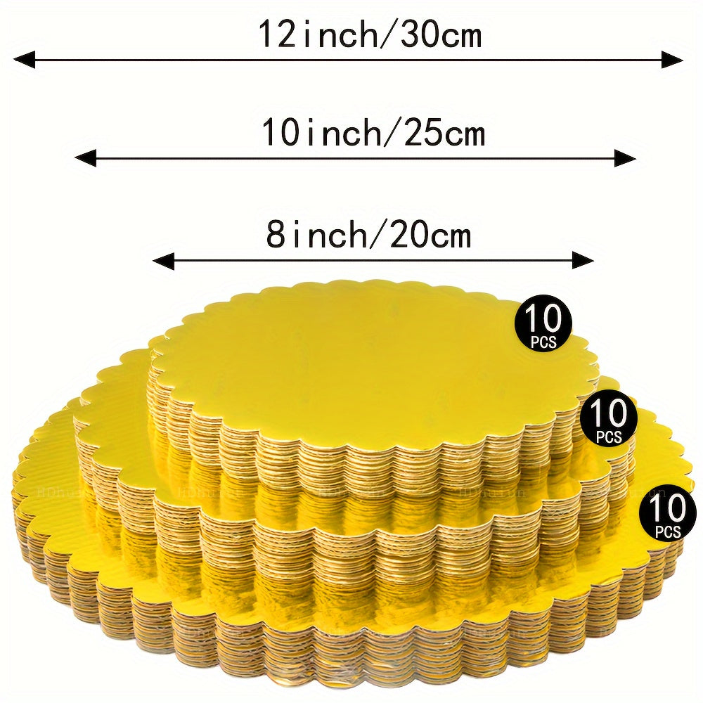 Golden Round Cake Boards, 10 Pieces - Durable Corrugated Cardboard with Scalloped Edge, Resistant to Grease & Moisture - Ideal for Baking Desserts, Pastries, Pizza, and Cakes