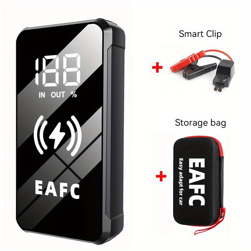 EAFC MultiFunction Portable Car Jump Starter for 6.0L Gasoline Car and 4.0L Diesel Car, with Wireless Charging, Rechargeable Lithium Battery, 10W Output Power, and USB Charging.