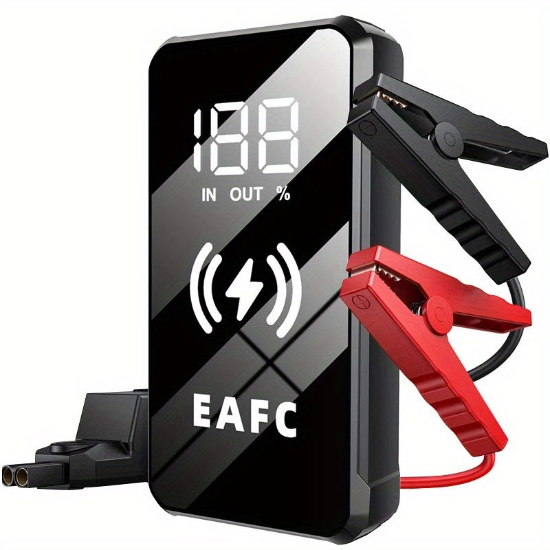 EAFC MultiFunction Portable Car Jump Starter for 6.0L Gasoline Car and 4.0L Diesel Car, with Wireless Charging, Rechargeable Lithium Battery, 10W Output Power, and USB Charging.