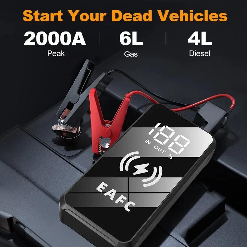 EAFC MultiFunction Portable Car Jump Starter for 6.0L Gasoline Car and 4.0L Diesel Car, with Wireless Charging, Rechargeable Lithium Battery, 10W Output Power, and USB Charging.