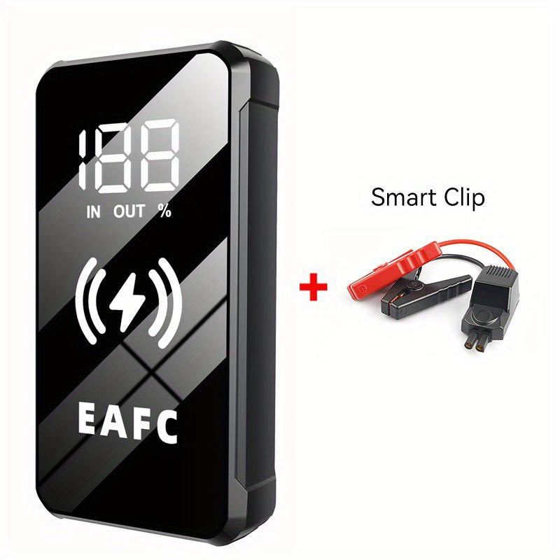 EAFC MultiFunction Portable Car Jump Starter for 6.0L Gasoline Car and 4.0L Diesel Car, with Wireless Charging, Rechargeable Lithium Battery, 10W Output Power, and USB Charging.