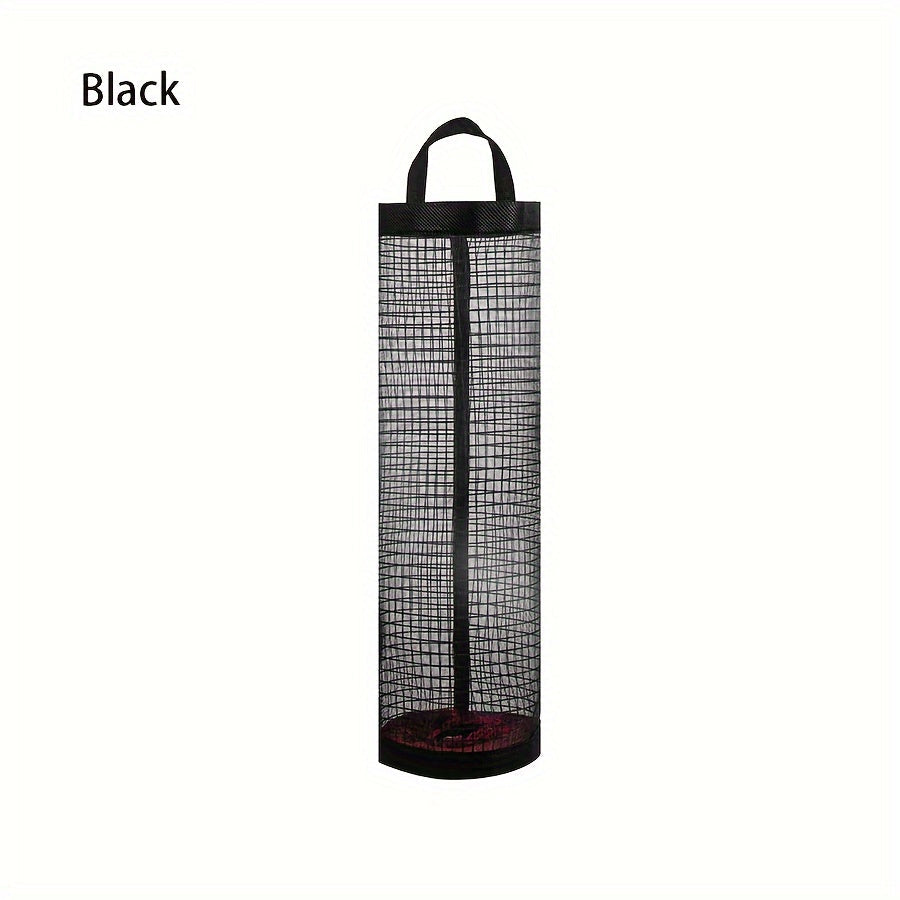 Wall-mounted, foldable mesh organizer for disposable bags, designed to save space in the kitchen.