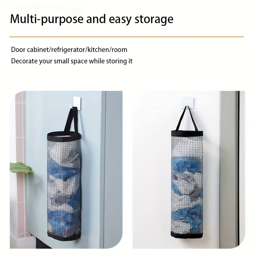 Wall-mounted, foldable mesh organizer for disposable bags, designed to save space in the kitchen.