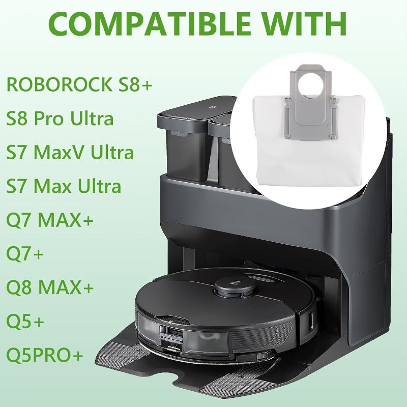 Replacement kit for Roborock S7/S7 MaxV/S7 MaxV Plus/S7 MaxV Ultra/S7 Pro Ultra/S8/S8+ Series Robot Vacuum includes 6 dust bags and 4 microfiber mop pads. Featuring strong adhesion and sealed technology, this kit also includes plastic floor attachment