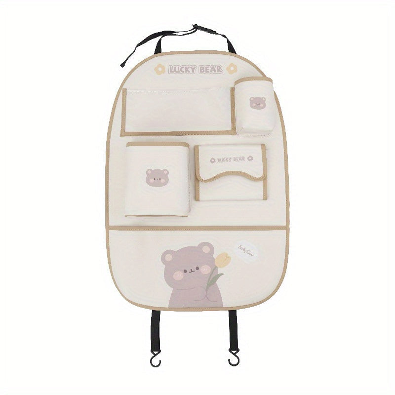 Adorable Bear & Bunny Car Organizer - Versatile Seat Back Storage with Trash Bin, Tissue Holder, Cup & Phone Slots, Long-lasting Faux Leather, Simple to Clean - Ideal Gift for the Holidays