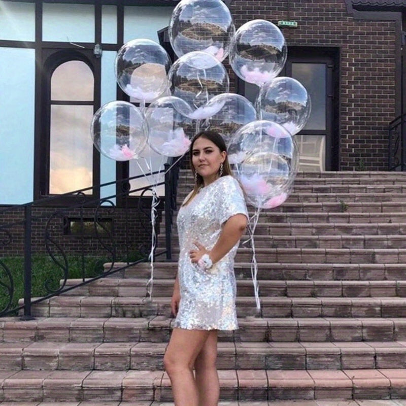 10 transparent bobo bubble balloons, 20 inches each, for events such as weddings, birthdays, showers, and holidays.