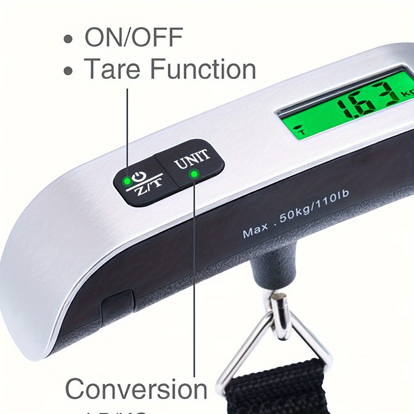 Portable Digital Luggage Scale with Backlit LCD Display, 110lb/50kg Capacity, Metal Handheld design for Easy Travel, Battery Included, Tare Function - Not Suitable for Food Weighing.