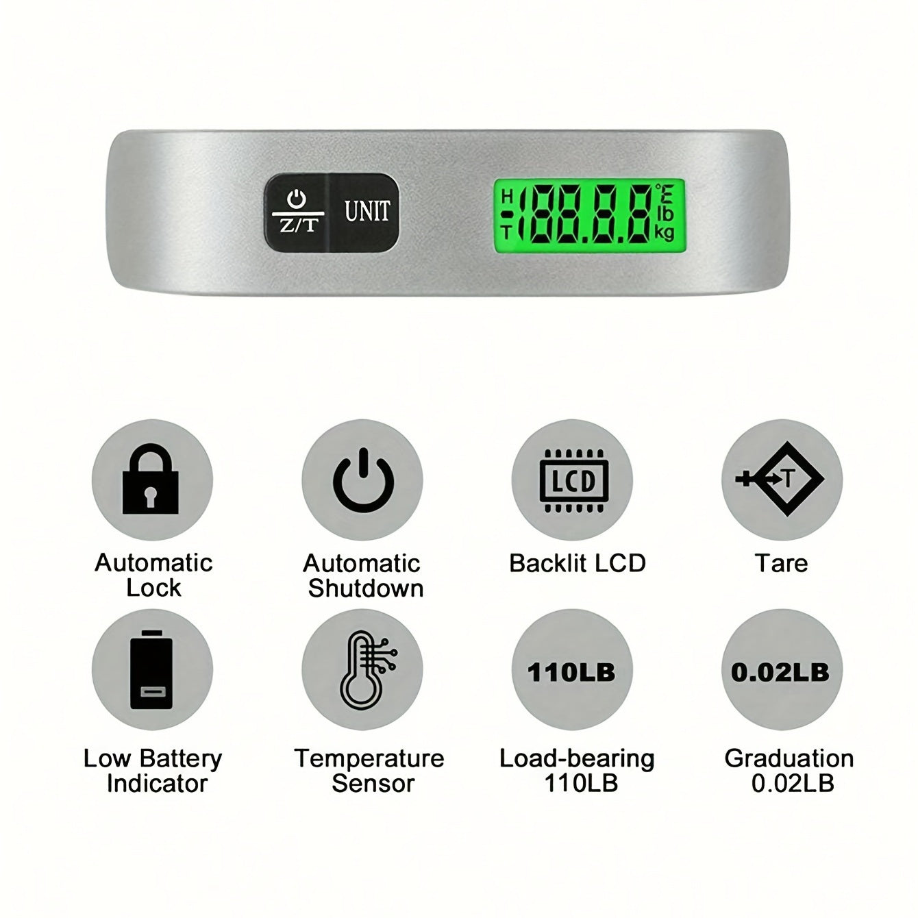 Portable Digital Luggage Scale with Backlit LCD Display, 110lb/50kg Capacity, Metal Handheld design for Easy Travel, Battery Included, Tare Function - Not Suitable for Food Weighing.