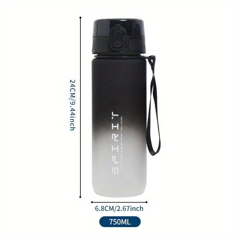 Gradient sports water bottle with strap, leak-proof, large capacity, portable, frosted, BPA-free plastic, flip top lid, ideal for fitness and students.