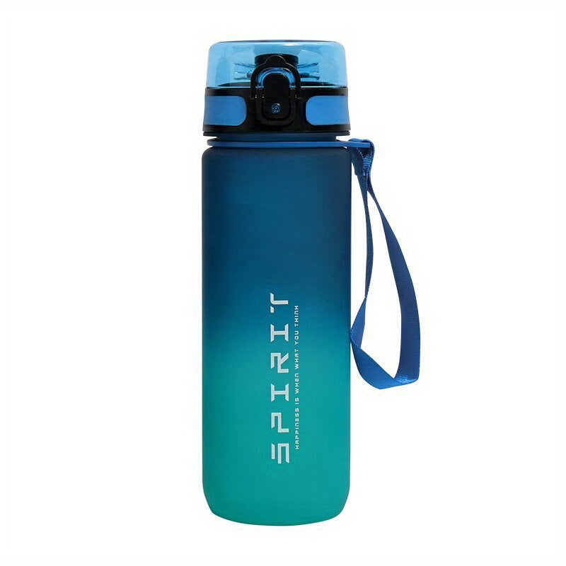 Gradient sports water bottle with strap, leak-proof, large capacity, portable, frosted, BPA-free plastic, flip top lid, ideal for fitness and students.