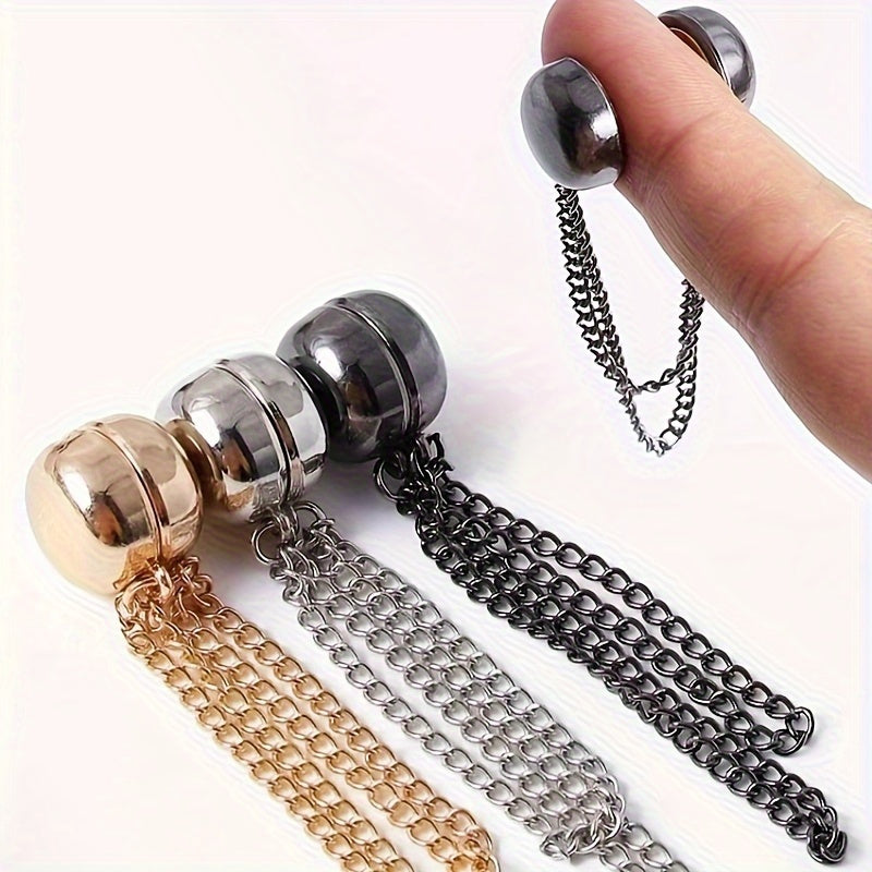 Adjustable magnetic scarf clips for adjusting hemlines on t-shirts and pants without seams, with magnetic buckles.