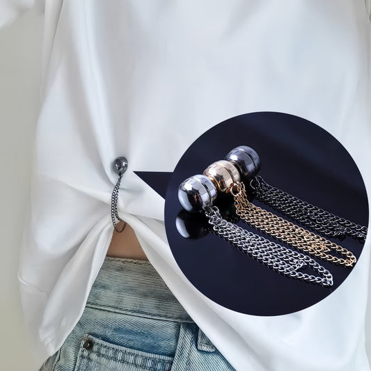 Adjustable magnetic scarf clips for adjusting hemlines on t-shirts and pants without seams, with magnetic buckles.