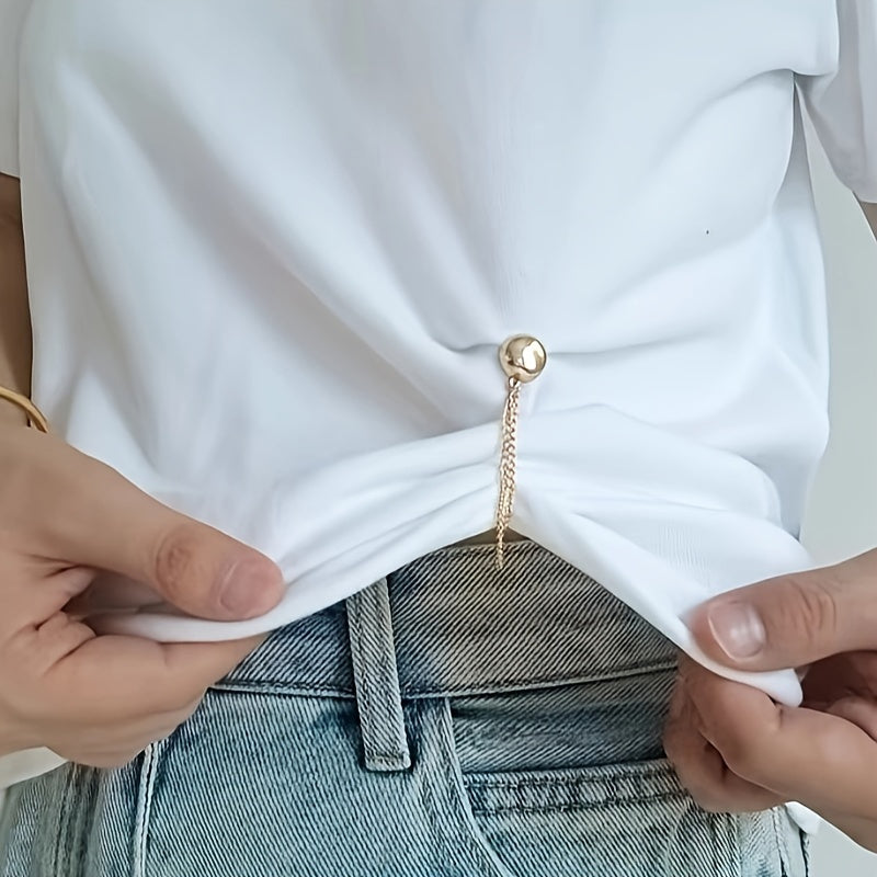 Adjustable magnetic scarf clips for adjusting hemlines on t-shirts and pants without seams, with magnetic buckles.