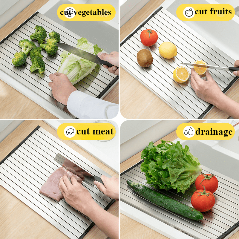 Stainless Steel Foldable Cutting Board with Drain Rack - Hygienic, Non-Slip, Double-Sided for Meal Preparation and Defrosting - Perfect for Home Cooking and Special Occasions, Convenient Holiday Kitchen Tool | Space-Saving Design | Long-Lasting Durability