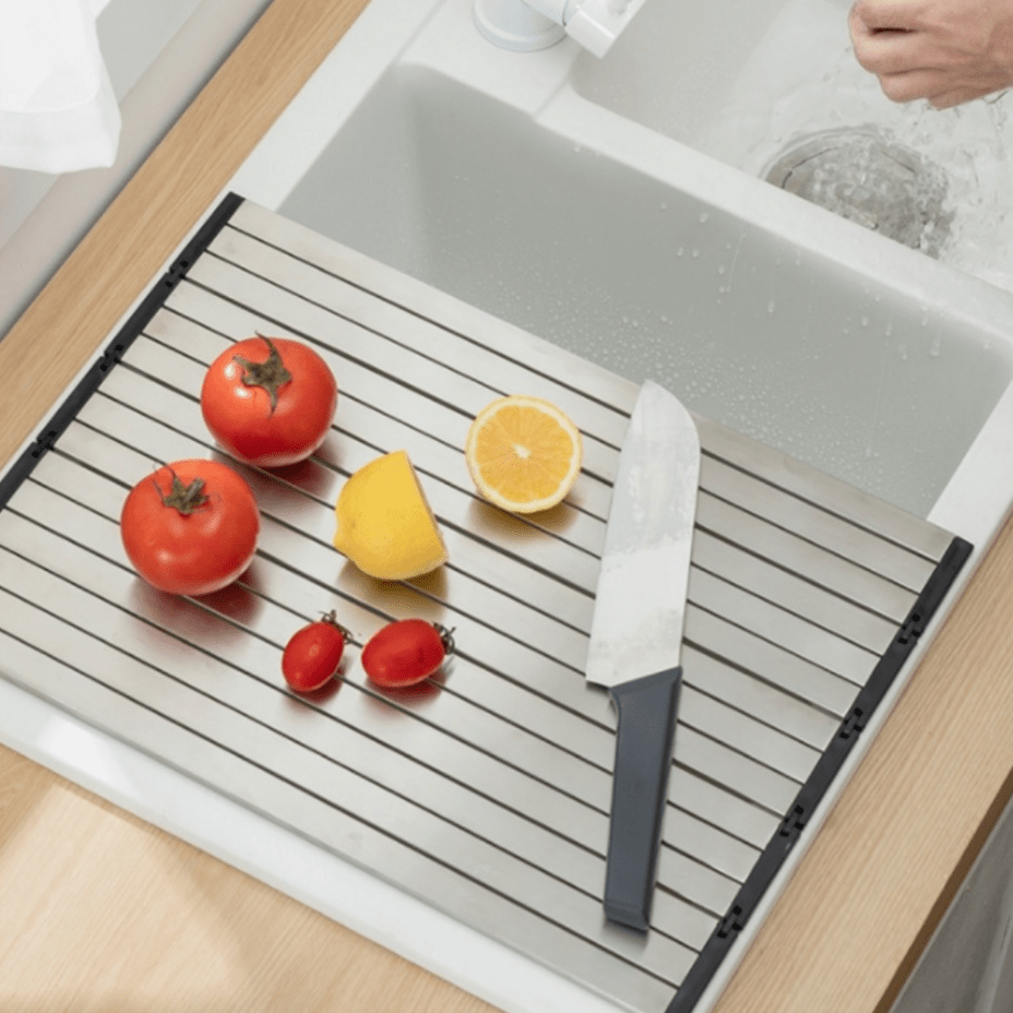 Stainless Steel Foldable Cutting Board with Drain Rack - Hygienic, Non-Slip, Double-Sided for Meal Preparation and Defrosting - Perfect for Home Cooking and Special Occasions, Convenient Holiday Kitchen Tool | Space-Saving Design | Long-Lasting Durability