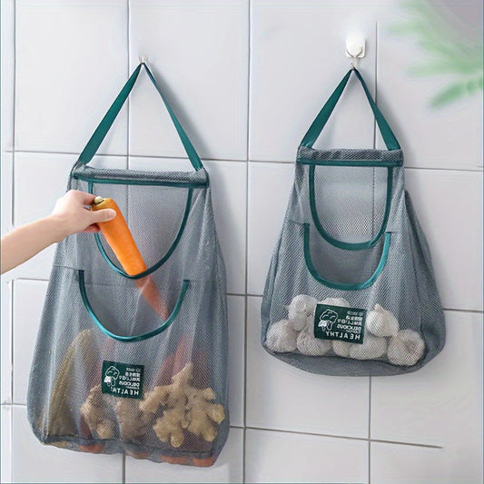 Breathable Mesh Kitchen Storage Bag for Fruits & Vegetables - Convenient Wall-Mounted Organizer with Green Handles, Made from PET Material, Perfect for Storing Ginger, Garlic, and other Produce in a Vegetable Storage Rack