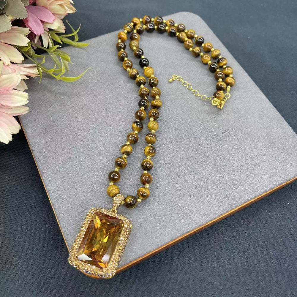 Elegant Tiger Eye Stone Pendant Necklace with 14K Golden Plating and Synthetic Crystal Accents, Perfect for Daily or Special Occasions, Autumn Collection