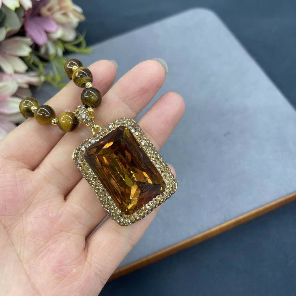 Elegant Tiger Eye Stone Pendant Necklace with 14K Golden Plating and Synthetic Crystal Accents, Perfect for Daily or Special Occasions, Autumn Collection