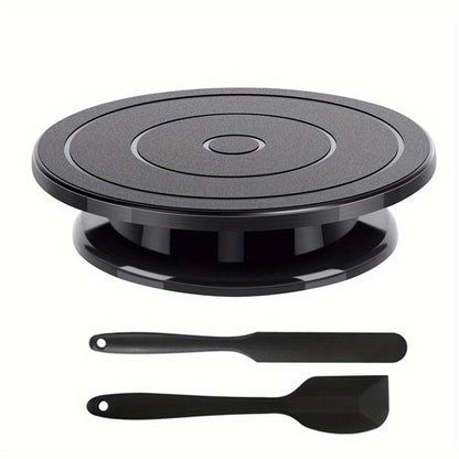 Black Cake Turntable Set with Cream Scraper and Spatula.