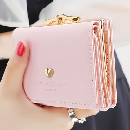 Women's Mini Wallet with Trifold Heart Accent - PU Leather, Coin Pouch with Buckle, Faux Leather Interior, Compact Design, Easy to Clean with Dry Cloth - Fashionable Everyday Accessory