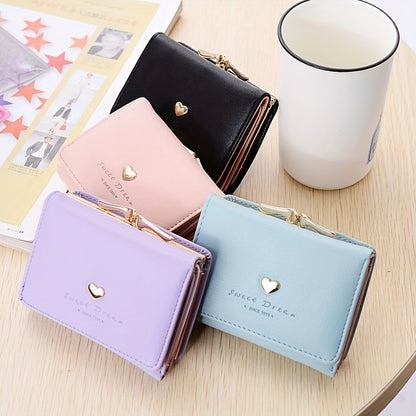 Women's Mini Wallet with Trifold Heart Accent - PU Leather, Coin Pouch with Buckle, Faux Leather Interior, Compact Design, Easy to Clean with Dry Cloth - Fashionable Everyday Accessory