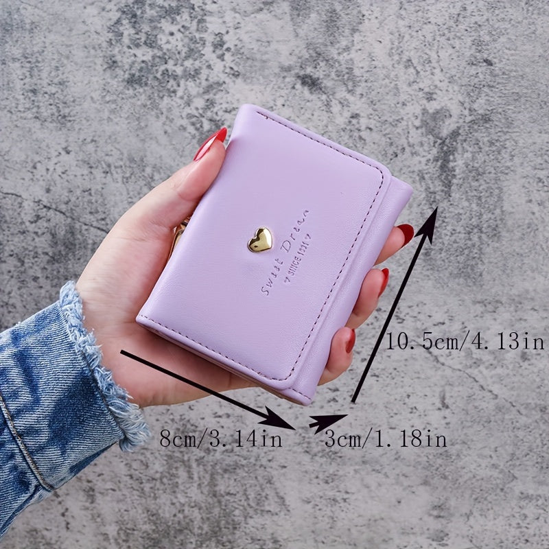 Women's Mini Wallet with Trifold Heart Accent - PU Leather, Coin Pouch with Buckle, Faux Leather Interior, Compact Design, Easy to Clean with Dry Cloth - Fashionable Everyday Accessory