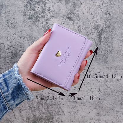 Women's Mini Wallet with Trifold Heart Accent - PU Leather, Coin Pouch with Buckle, Faux Leather Interior, Compact Design, Easy to Clean with Dry Cloth - Fashionable Everyday Accessory