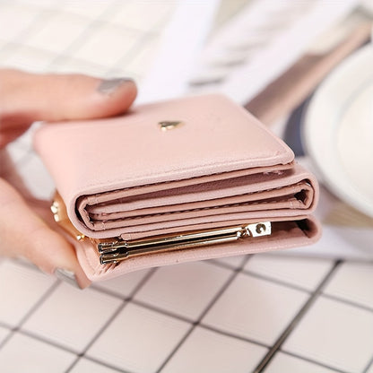 Women's Mini Wallet with Trifold Heart Accent - PU Leather, Coin Pouch with Buckle, Faux Leather Interior, Compact Design, Easy to Clean with Dry Cloth - Fashionable Everyday Accessory