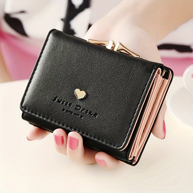 Women's Mini Wallet with Trifold Heart Accent - PU Leather, Coin Pouch with Buckle, Faux Leather Interior, Compact Design, Easy to Clean with Dry Cloth - Fashionable Everyday Accessory