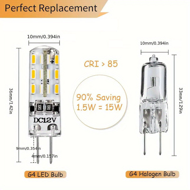 20 G4 LED Bulbs with JC Bi-Pin Base, 360° Wide Beam Angle, 1.5W, DC 12V, Halogen Replacement for Home & Under Cabinet Lighting - Warm, Natural, Cool White - Easy Installation, Energy Efficient, Silicone Shade, Standard G4 Base, Sleek Metallic Finish.