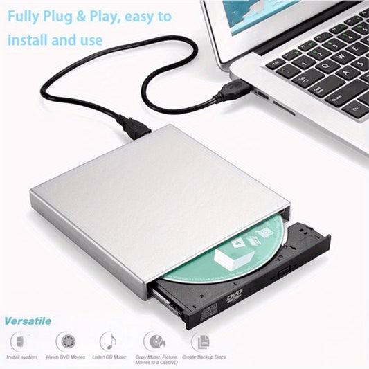 Slim, portable USB external CD/DVD drive for laptops. Plug and play with shockproof and noise-canceling features. Compatible with Windows and Mac OS, can read and write DVD-RW/CD-RW.