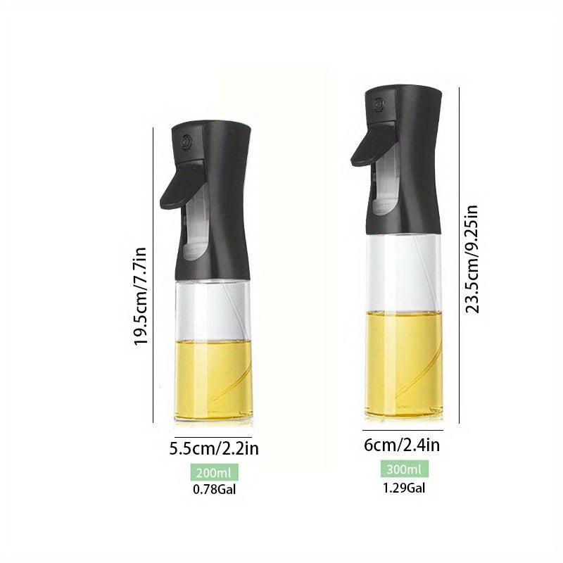 Plastic oil sprayer bottle with dual-function pour and spray, leak-proof olive oil dispenser.