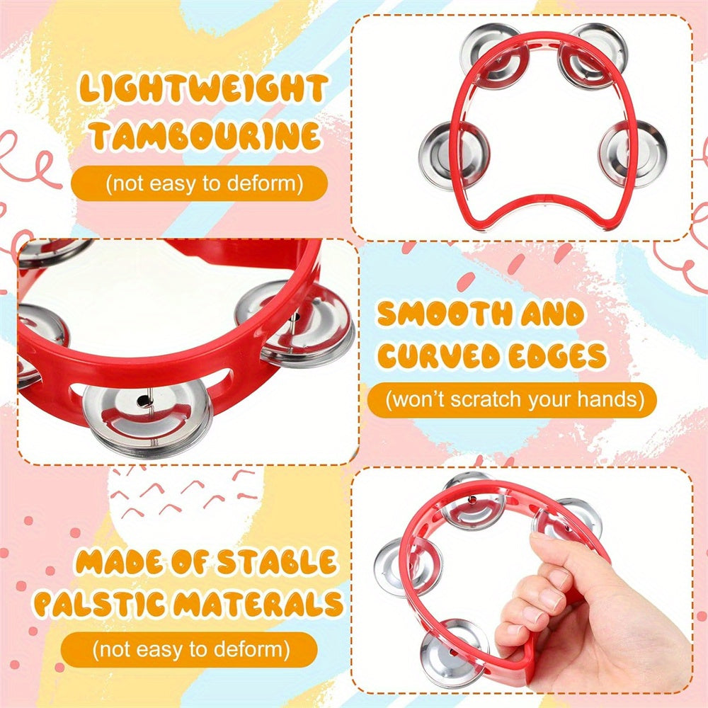 Vibrant tambourine with 4 bells - sturdy plastic percussion for all ages, great for events and music lovers.