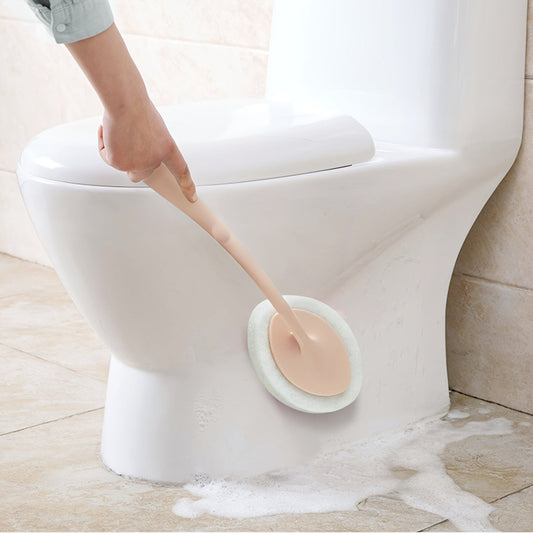 A long-handled sponge brush for cleaning the bathroom walls, bathtub, floor tiles, and sink, as well as a scrub pad for thorough cleaning of the toilet.