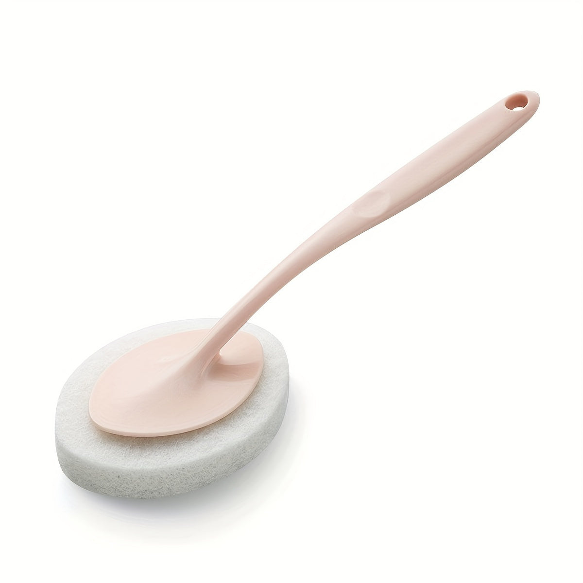 A long-handled sponge brush for cleaning the bathroom walls, bathtub, floor tiles, and sink, as well as a scrub pad for thorough cleaning of the toilet.