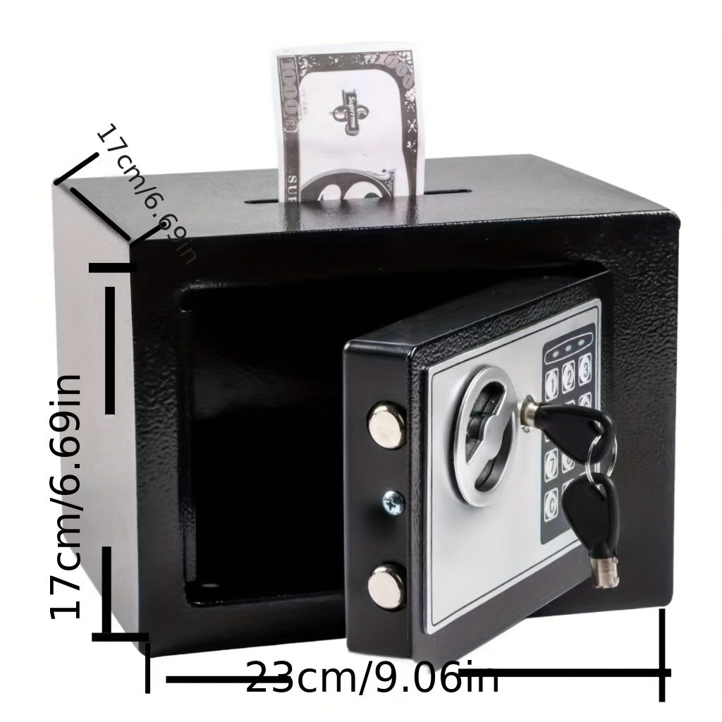 Compact digital safe with password lock, suitable for home and office use. Can securely store jewelry and cash. Offers dual power supply options - battery or USB.