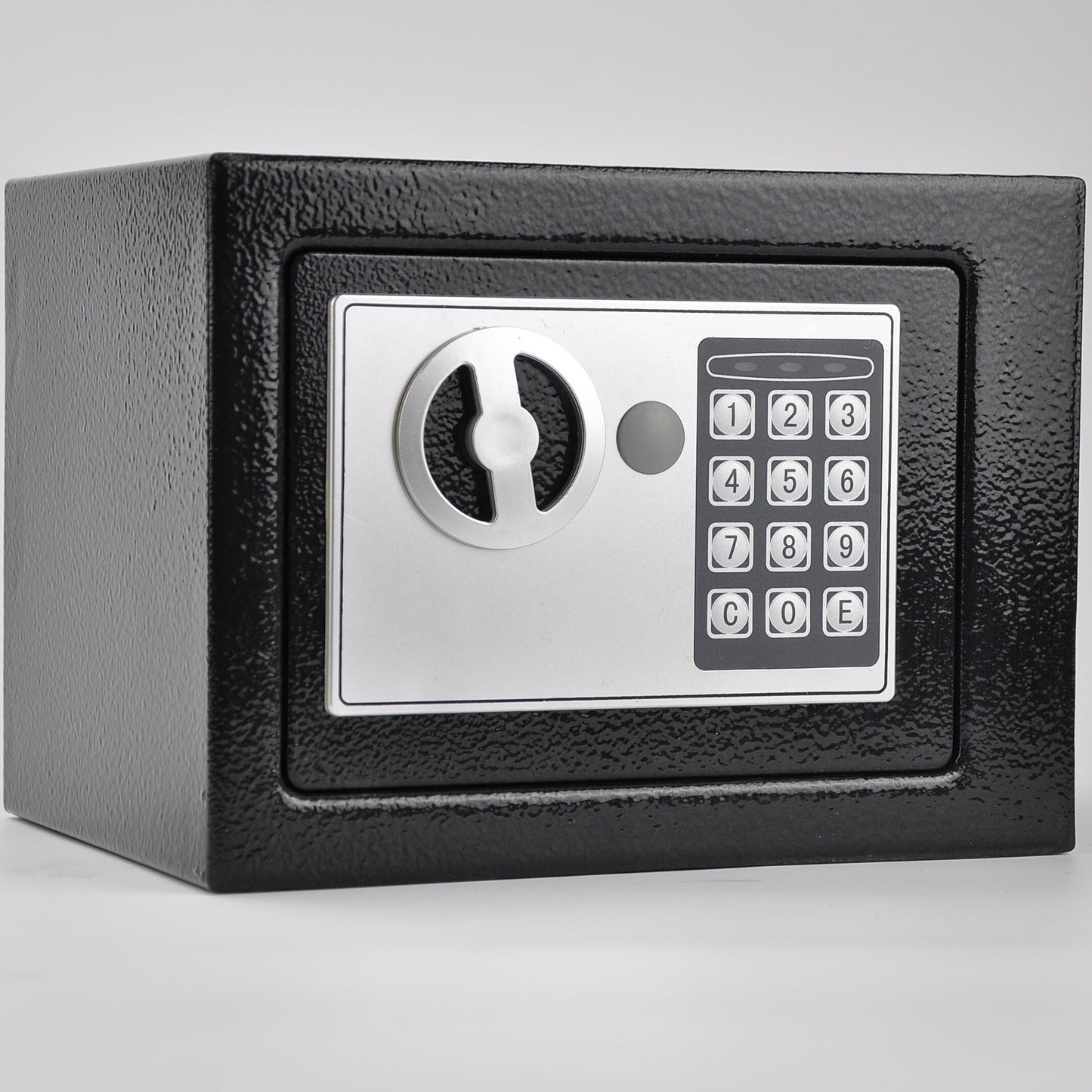 Compact digital safe with password lock, suitable for home and office use. Can securely store jewelry and cash. Offers dual power supply options - battery or USB.