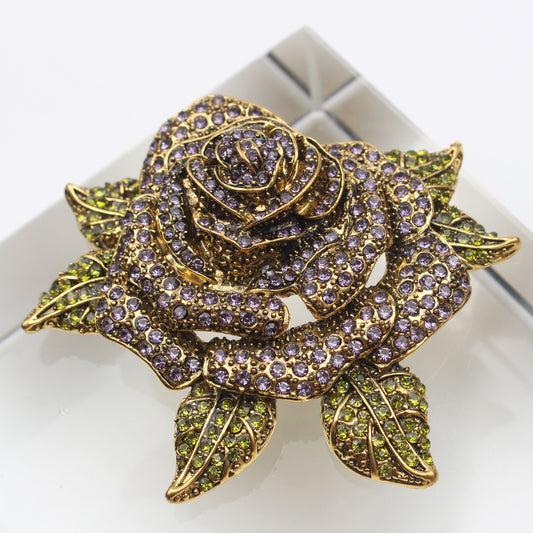 Minimalist Flower-Shaped Enamel Rose Brooch with Czech Diamond Accents, Stylish Floral Pin for Fashion Accessory