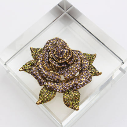 Minimalist Flower-Shaped Enamel Rose Brooch with Czech Diamond Accents, Stylish Floral Pin for Fashion Accessory