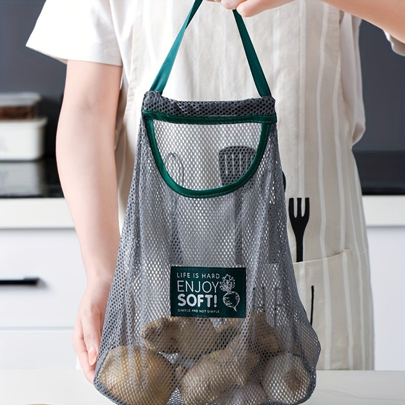 Mesh storage bag for kitchen, can be mounted on the wall, breathable design, great for storing fruits and vegetables. Can also be used as a reusable grocery bag. Perfect for organizing your kitchen or pantry without coming into contact with food.