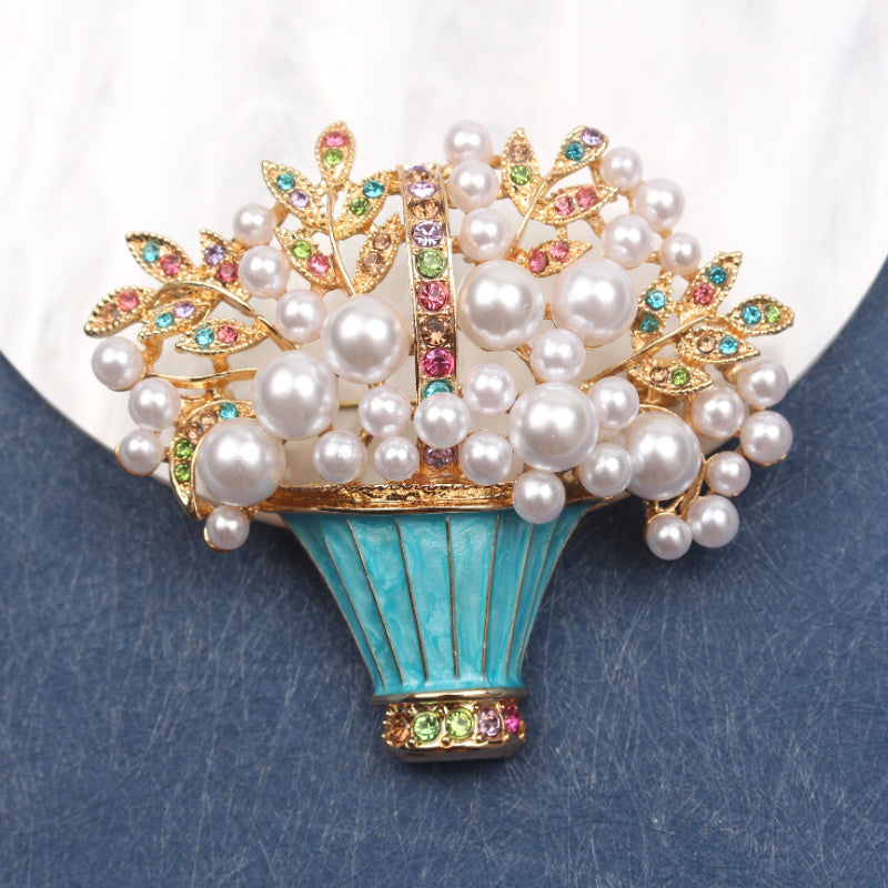 Sophisticated Enamel Floral Basket Brooch with Faux Pearls and Sparkling Rhinestones, Modern Irregular Flower Design Unique Accessory