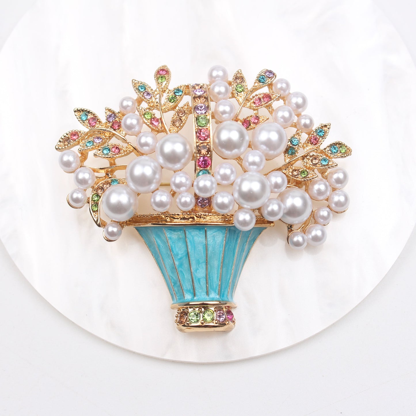 Sophisticated Enamel Floral Basket Brooch with Faux Pearls and Sparkling Rhinestones, Modern Irregular Flower Design Unique Accessory