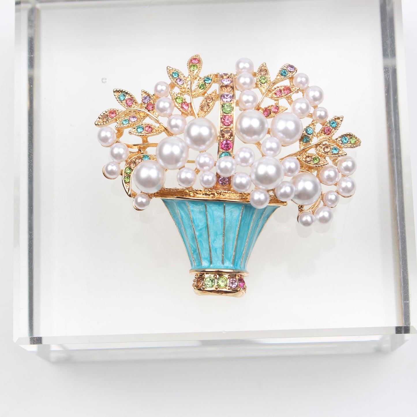 Sophisticated Enamel Floral Basket Brooch with Faux Pearls and Sparkling Rhinestones, Modern Irregular Flower Design Unique Accessory