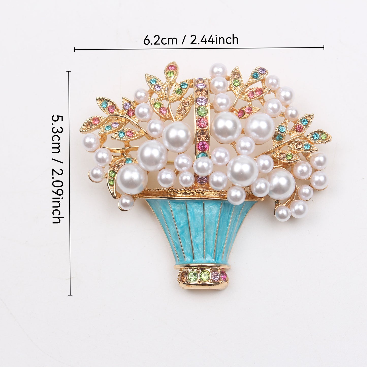 Sophisticated Enamel Floral Basket Brooch with Faux Pearls and Sparkling Rhinestones, Modern Irregular Flower Design Unique Accessory