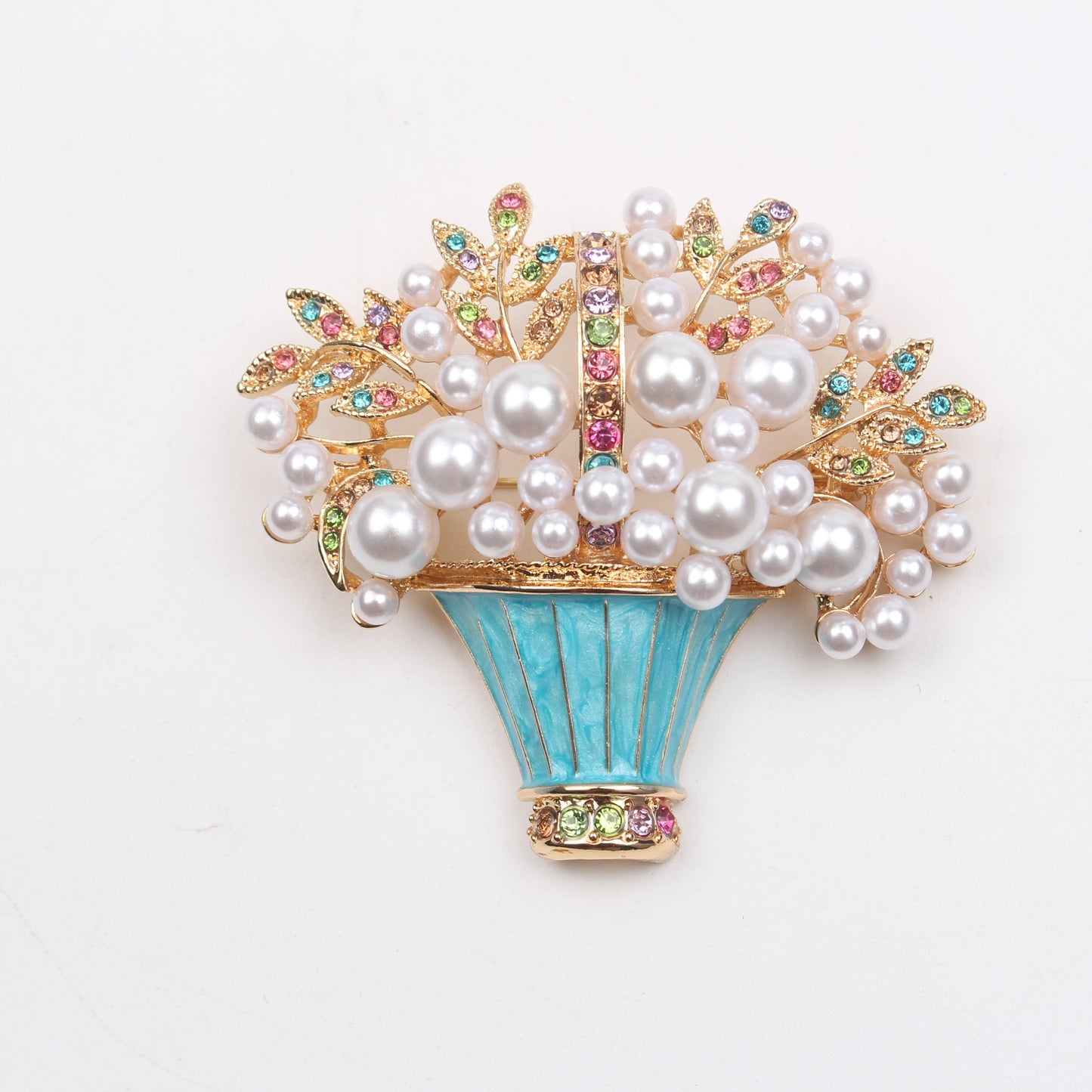 Sophisticated Enamel Floral Basket Brooch with Faux Pearls and Sparkling Rhinestones, Modern Irregular Flower Design Unique Accessory